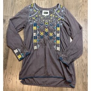 Johnny Was BIYA Embroidered Tunic Top Gray Long Sleeve Boho Women's Size S